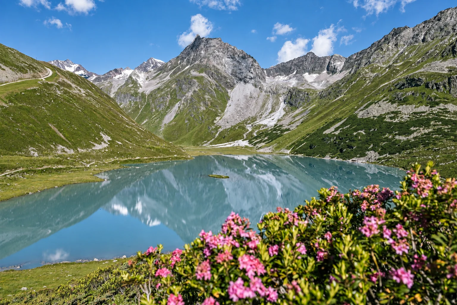 Bergsee mit Gipfeln und Blumen im Sommer