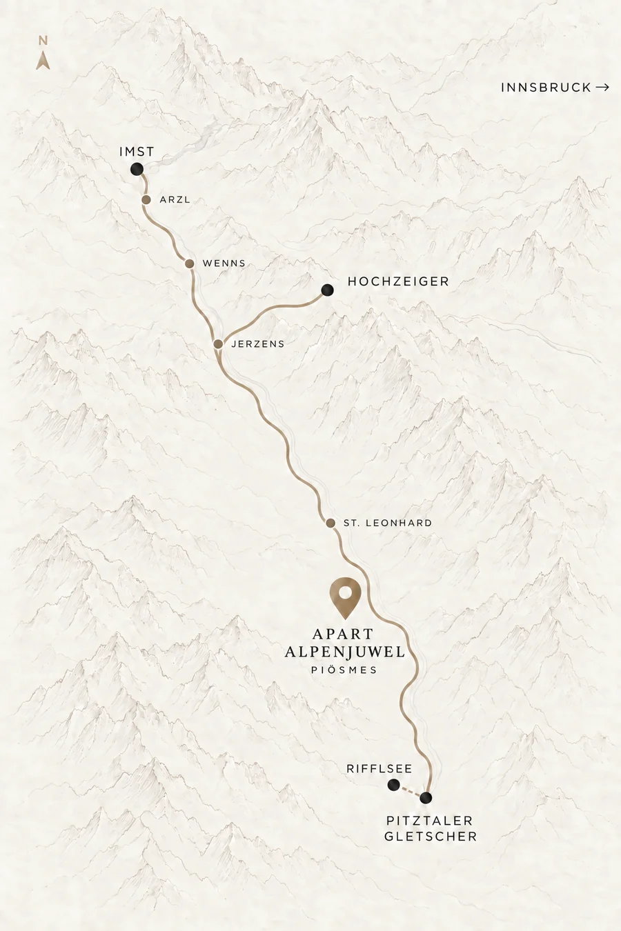 Karte vom Pitztal mit Apart Alpenjuwel, Imst, Hochzeiger, Rifflsee und Pitztaler Gletscher